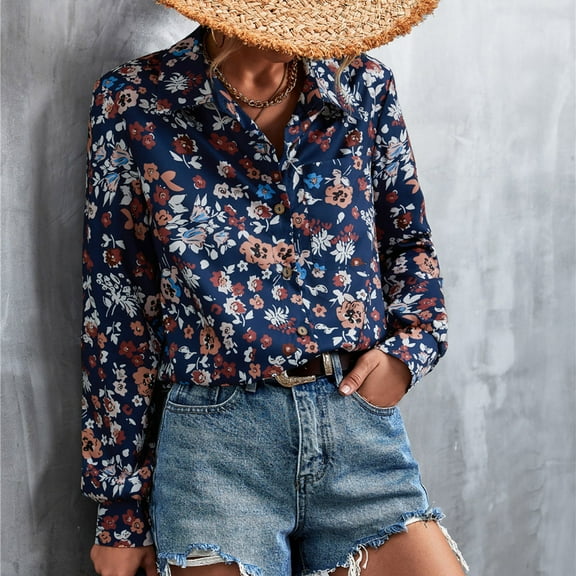 Aloohaidyvio Womens Button Down Long Sleeve Shirt Floral Soft Wrinkle Free Basic Tops Business Formal Casual Blouse