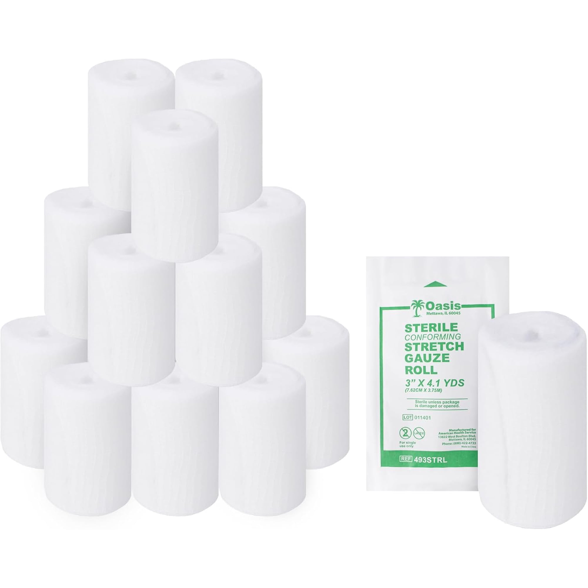 Oasis Conforming Stretch Gauze Bandage, 96 Rolls | Sterile Latex Free Rolled Gauze, Bandage Rolls for Effective Wound Care & Comfort (3" x 4.1 Yards)