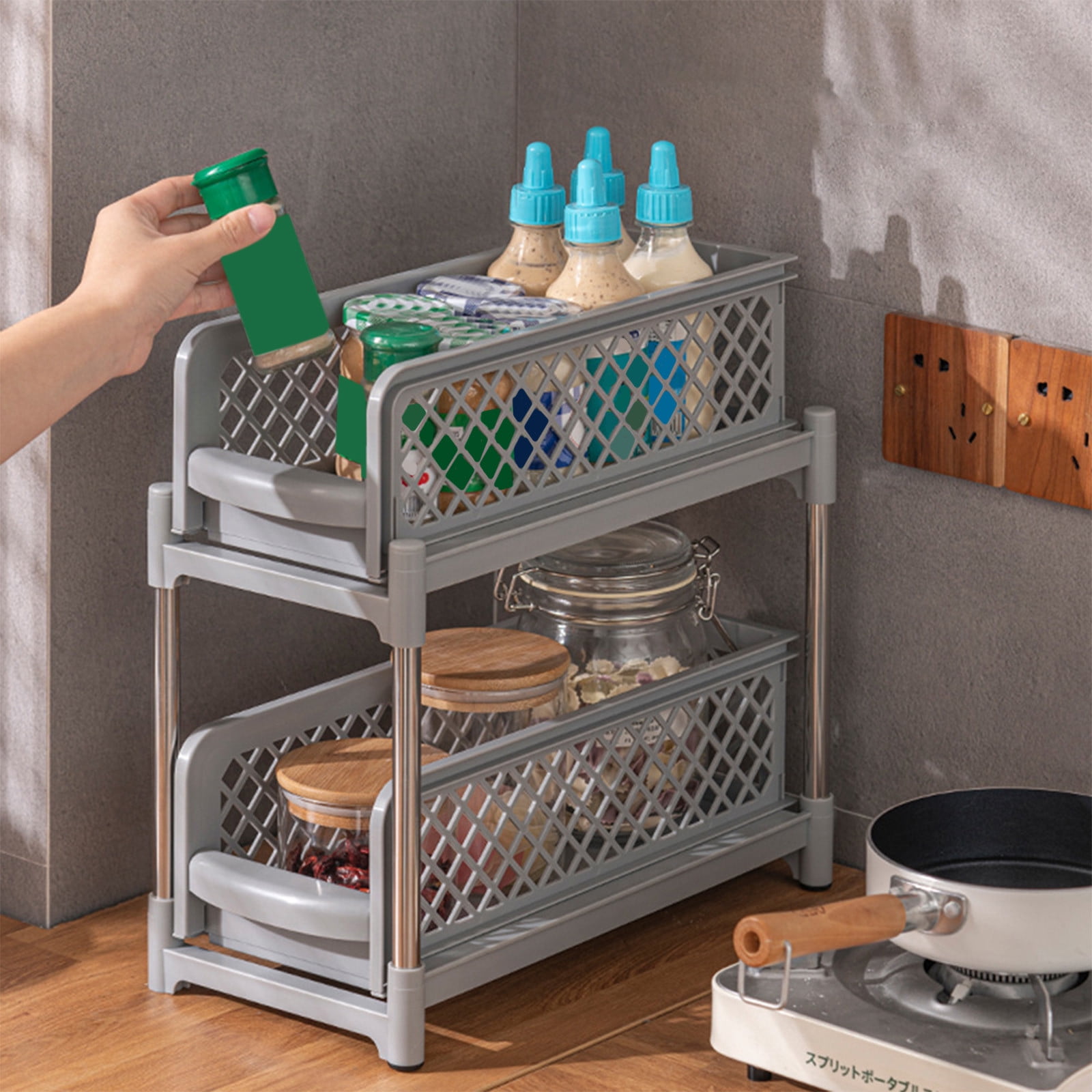 Yunuuuoa Under Sink Organizer Slide Out Storage Rack, Pull Out Cabinet Organizer Drawer for Kitchen Bathroom Laundry, Heavy Duty Plastic Under Counter Shelf Organizer with Steel Frame