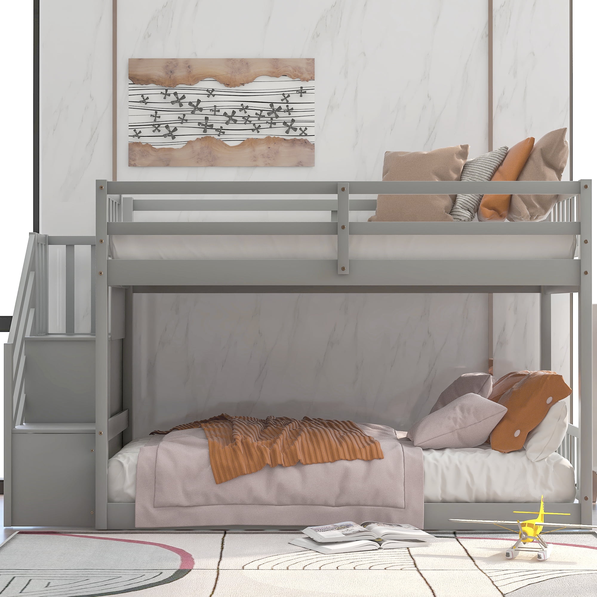MAYEERTY Twin over Twin Floor Bunk Bed, Ladder with Storage, Gray