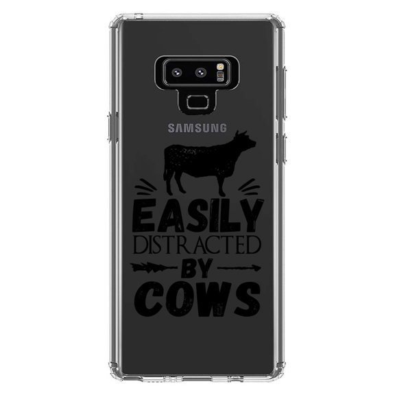 DistinctInk Clear Shockproof Hybrid Case for Samsung Galaxy Note 9 - TPU Bumper Acrylic Back Tempered Glass Screen Protector - Easily Distracted By Cows