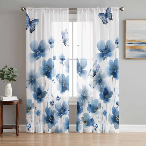 Navy Blue Floral Sheer Curtains 63 Inch Length 2 Panels Set Window Treatments, Spring Flowers Butterflies Watercolor Rod Pocket Semi Curtains for Living Room/Bedroom/Kitchen Décor, 104"W x 63"L