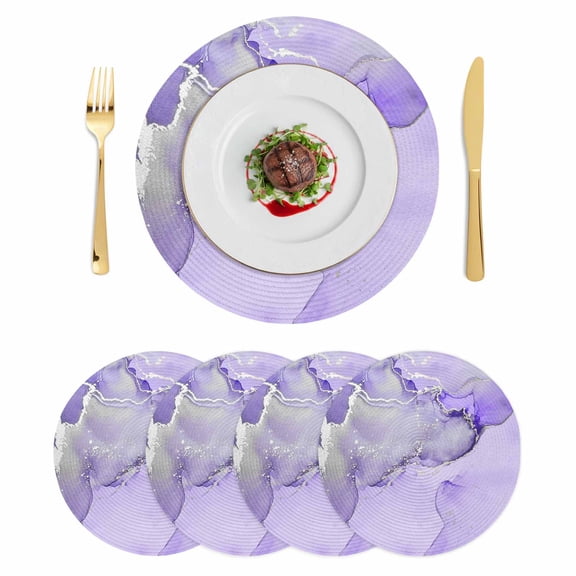 Purple Marble Round 15 Inch Placemats Set of 4, Modern Abstract Waves Silvery Farmhouse HeatResistant Non Slip Place Mats for Dining Table, Wipeable Braided Kitchen Table Mats for Housewarming