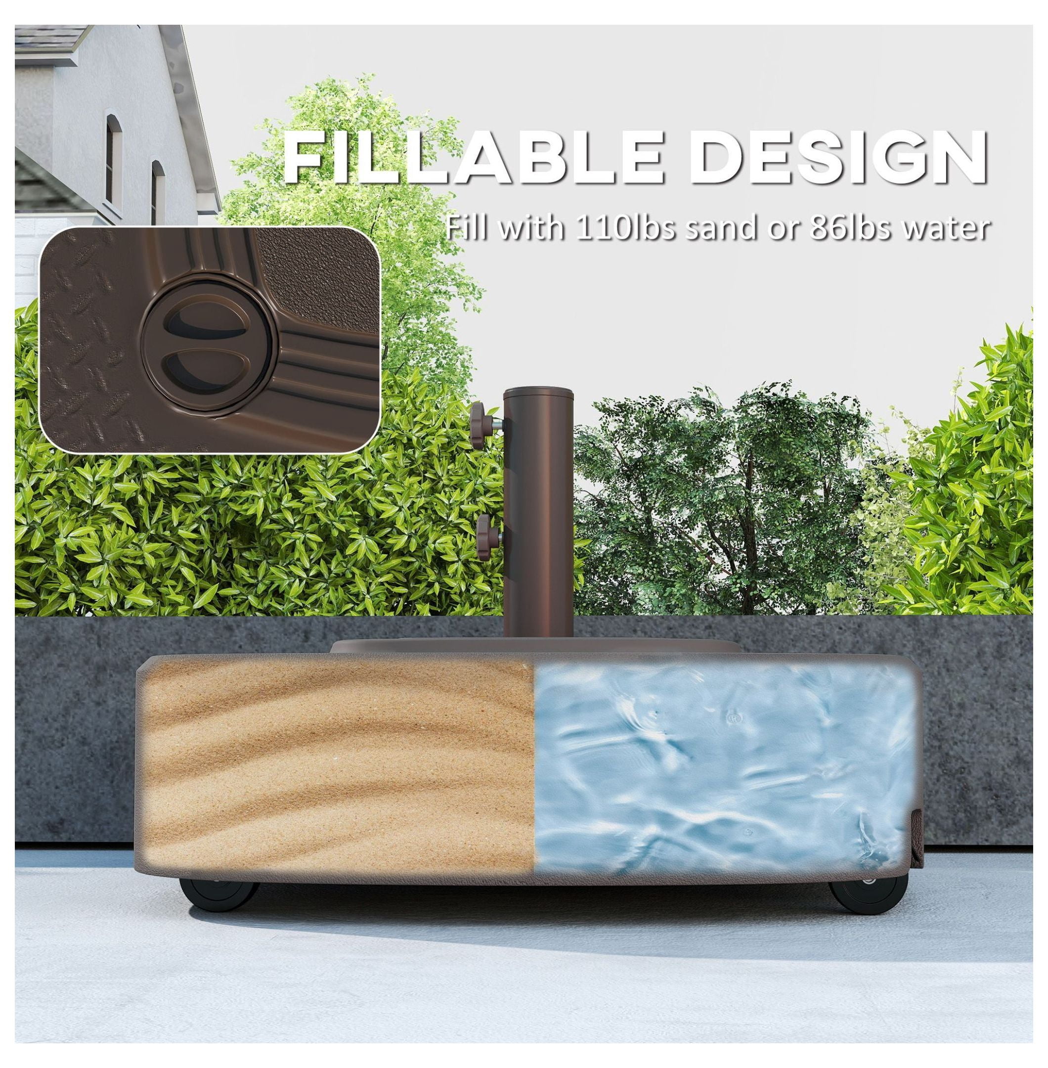 Patio Umbrella Base Outdoor with Wheels - 1.5"/1.9" Pole Stand - 110lbs Capacity - Heavy Duty HDPE & Steel - Brown Woodgrain Finish