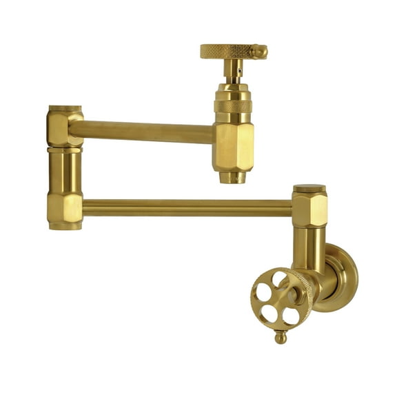 Kingston Brass KS5107RKX Webb Two-Handle 1-Hole Wall Mount Pot Filler Faucet with Knurled Handle in Brushed Brass