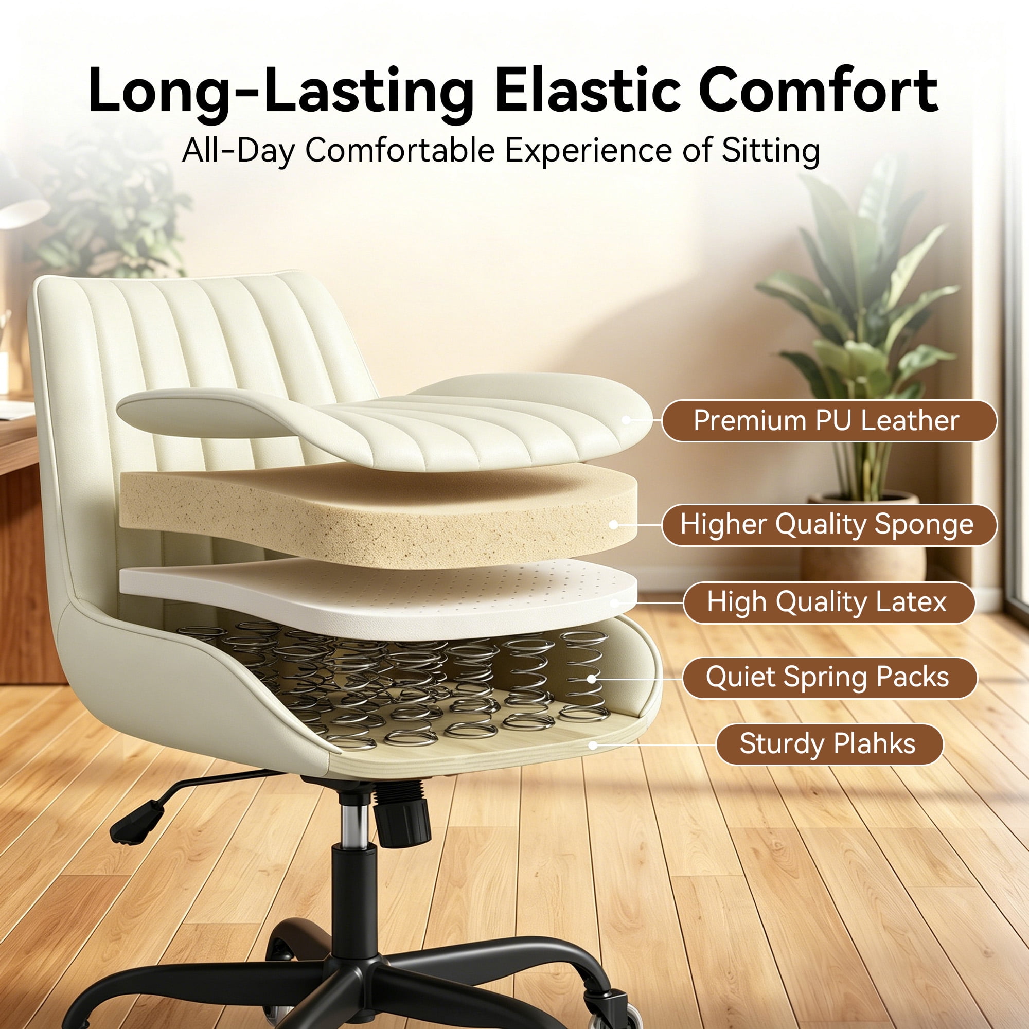 MOONMISS Armless Office Desk Chair Modern Upholstered Faux Leather Swivel Task Chair,Beige