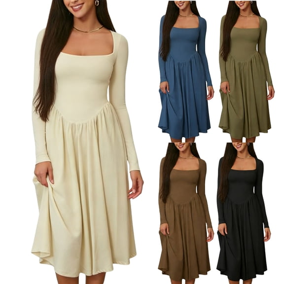 Einccm Women's Midi Dress Square Neck Long Sleeve Fitted Waist Bodycon Flowy Solid Color for Work Office Party Date Night Spring Fall