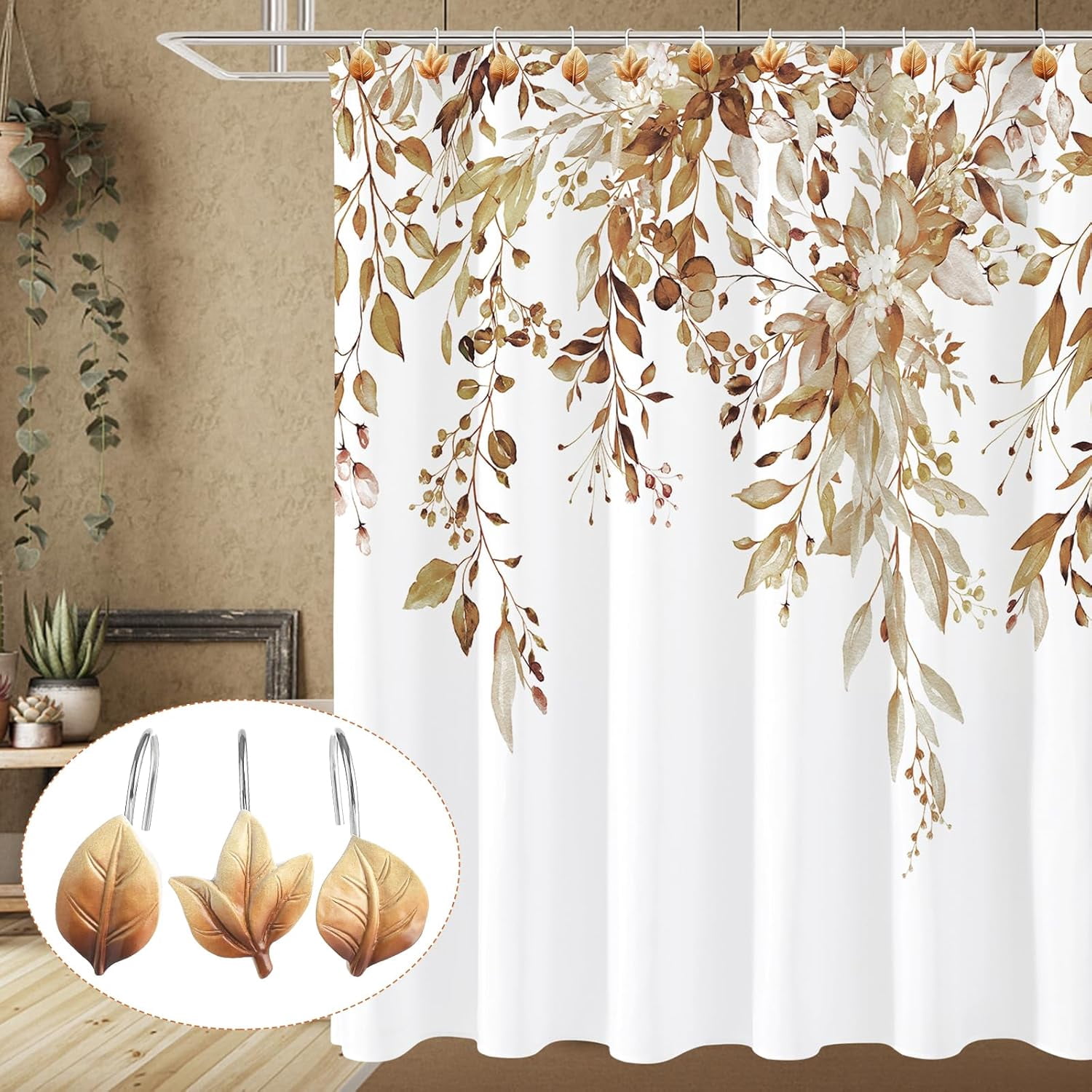 12PCS Leaves Shower Curtain Hooks, Brown Plant Leaf Decorative Shower Curtain Hooks Metal Rustproof Cute Eucalyptus Shower Curtain Rings Bathroom Decoration Accessories