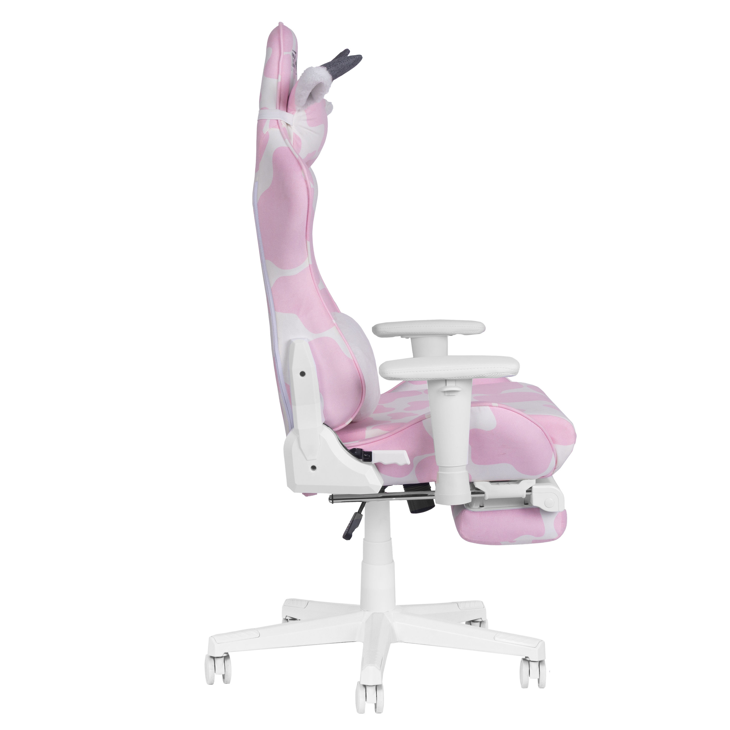Techni Sport Pink Cow Print Gaming Chair w/ Footrest, Lumbar Support, Recline & 300 lb Capacity