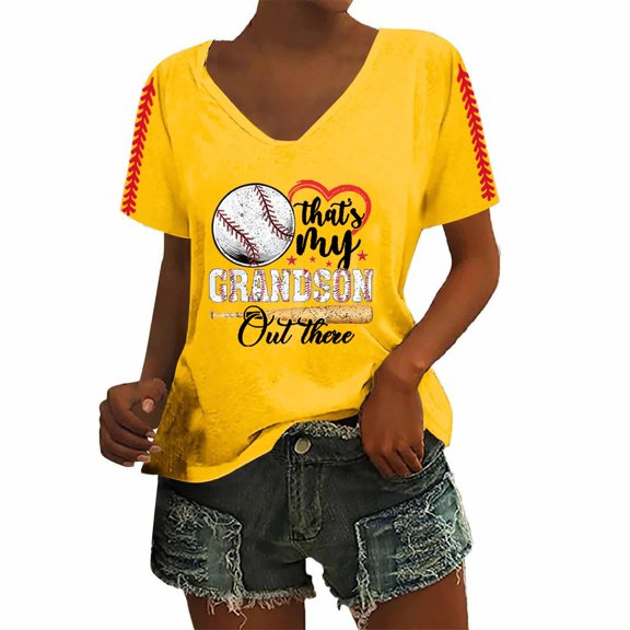 Womens Tops Baseball Sports V-Neck Loose Short Sleeve Shirt Trendy
