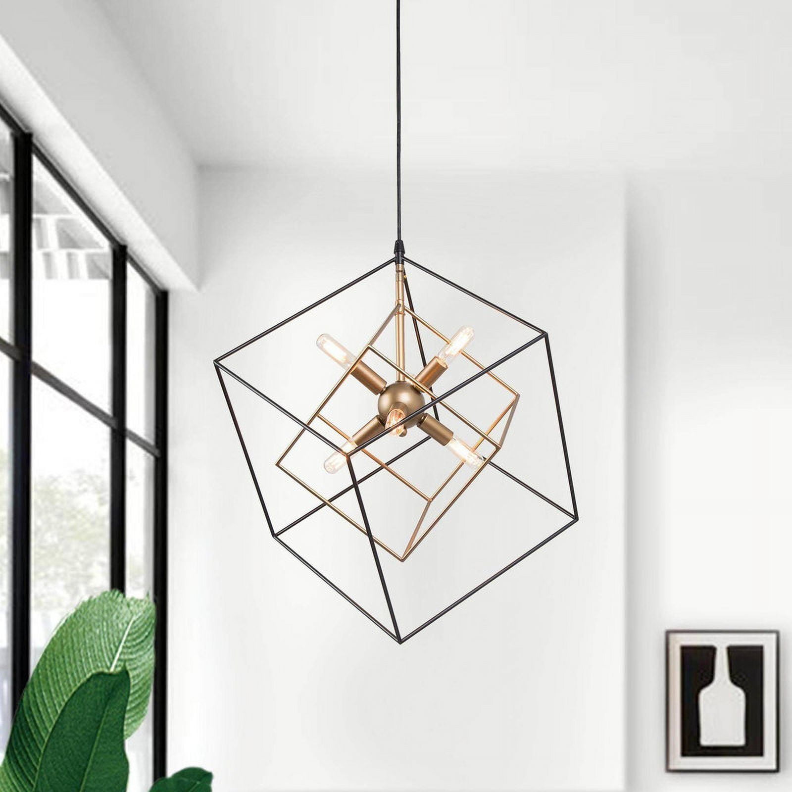 LNC 6-Light Matte Black and Gold Modern Cage LED Chandelier, for Kitchen Island