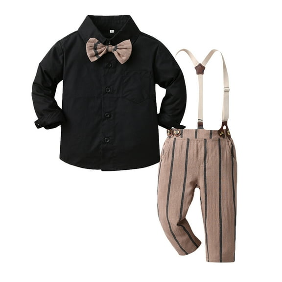 Hienoo Boys Suit Long Sleeve Button-Down Shirt & Suspenders Pants & Bow Tie Outfits
