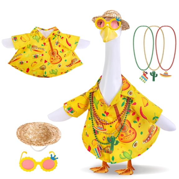 6 Pcs/Set Hawaiian Porch Goose Outfits, Mexican Style Summer Lawn Goose Costume, Garden Goose Clothes Yellow Shirt with Straw Hat Glasses Necklaces for 23" H Statue Outdoor Patio Yard Decor
