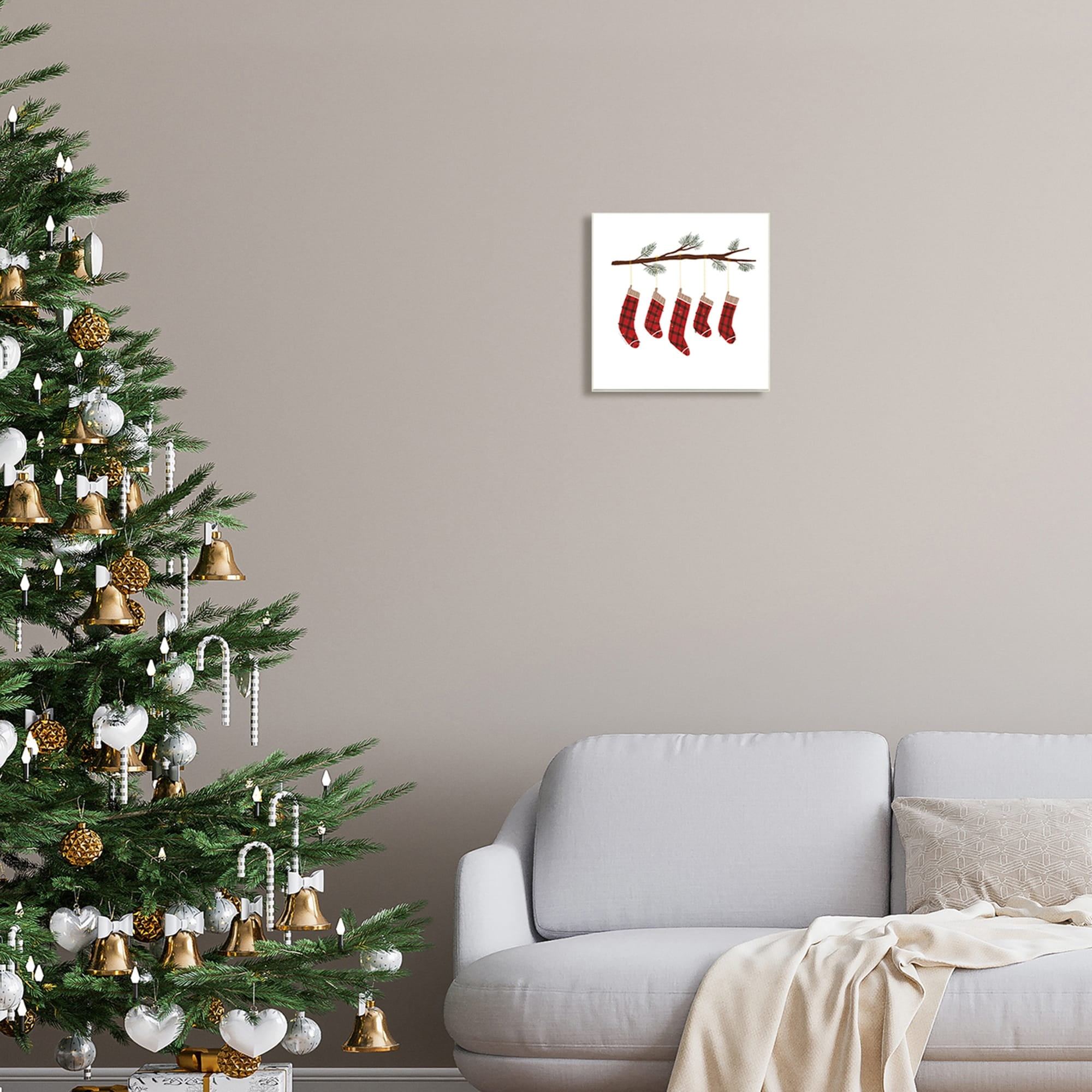 Cozy Hanging Tartan Stockings Winter Tree Branch Botanical & Floral Graphic Art Unframed Art Print Wall Art