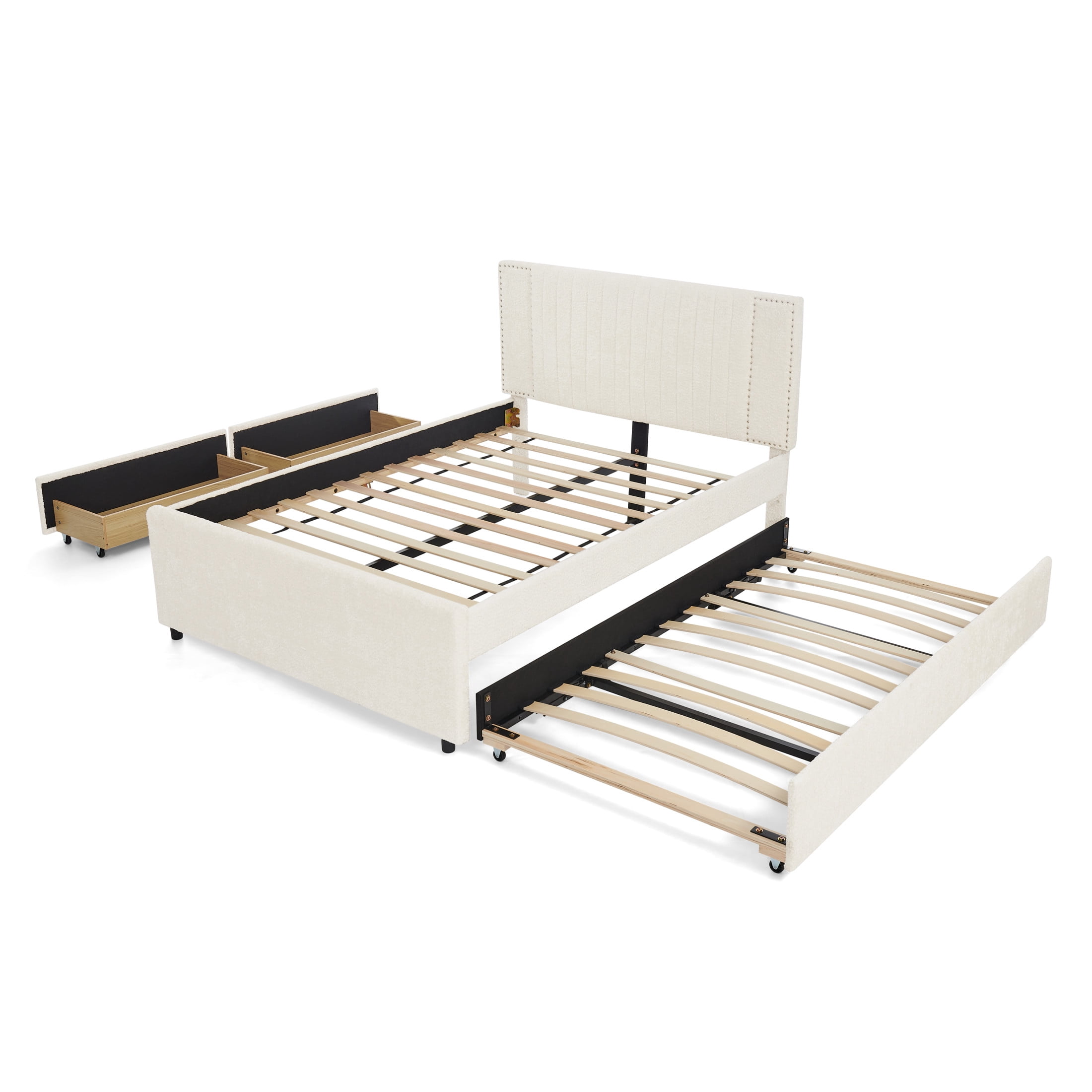 Noble House Luxen Full Chenille Upholstered Bed, Vertical Tufted Daybed with Pull-out Trundle and Storage Drawers, Beige