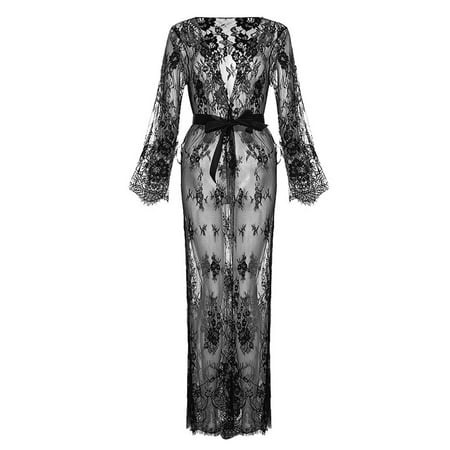 

Thaisu Women Hollow Out Pajamas Solid Color Long Sleeve Sleepwear Dress with Lace Decoration