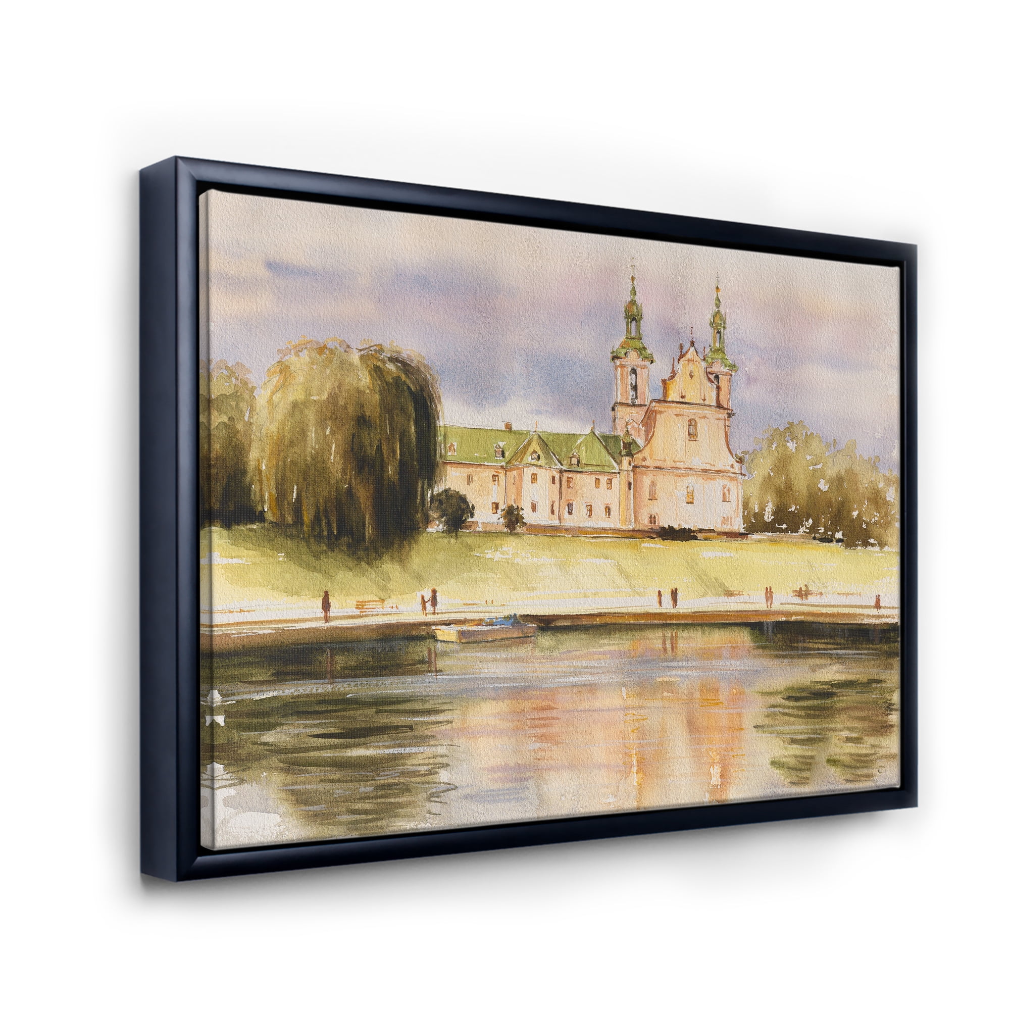Designart 'Historical Church On The Rock On Banks of The River' Lake House Framed Canvas Wall Art Print