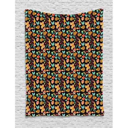 Bee Tapestry, Graphic Summer Composition with Honeycomb Bees Flowers Honey Bucket on Black Backdrop, Wall Hanging for Bedroom Living Room Dorm Decor, 60W X 80L Inches, Multicolor, by