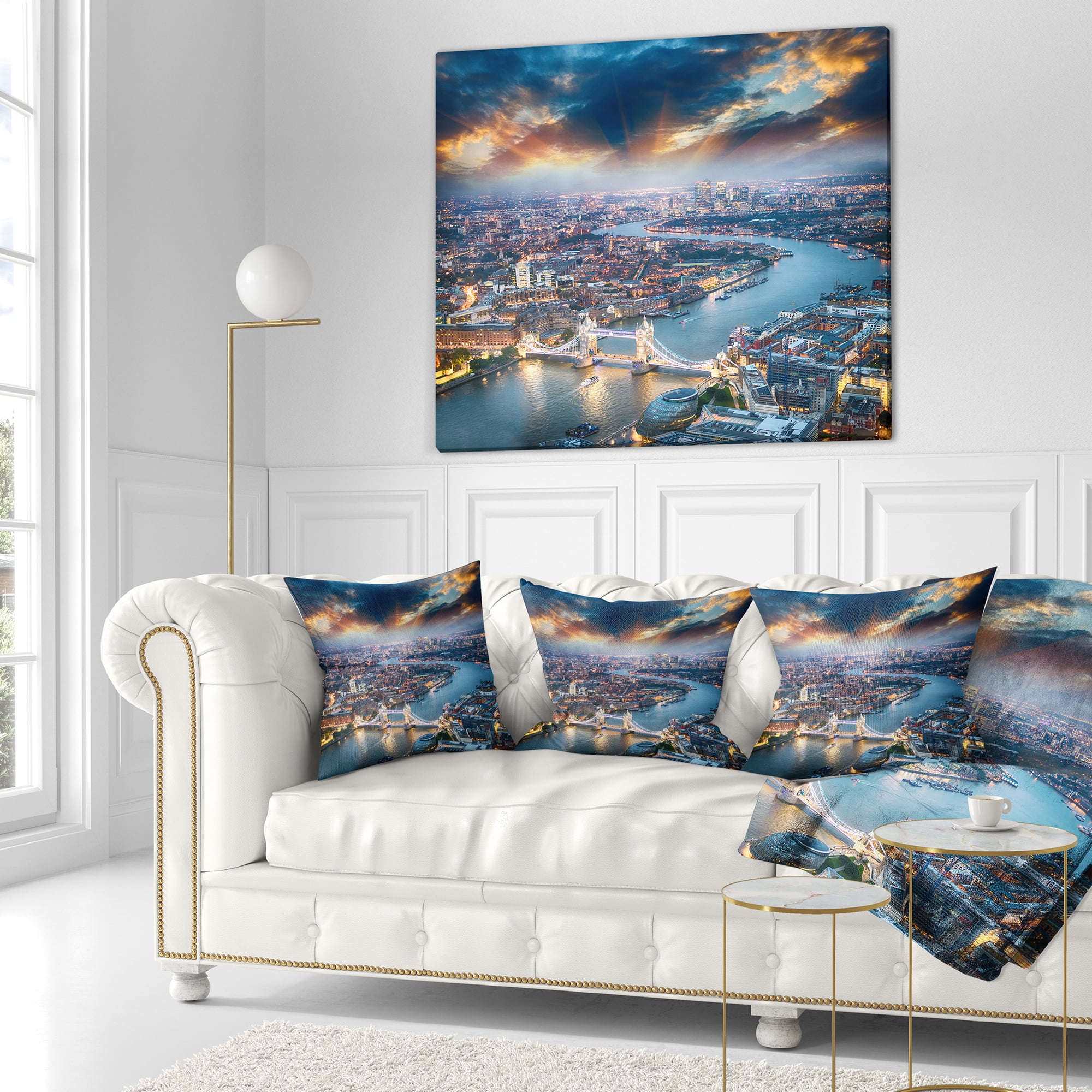 Designart Aerial View of London at Dusk - Cityscape Photo Throw Pillow - 16x16
