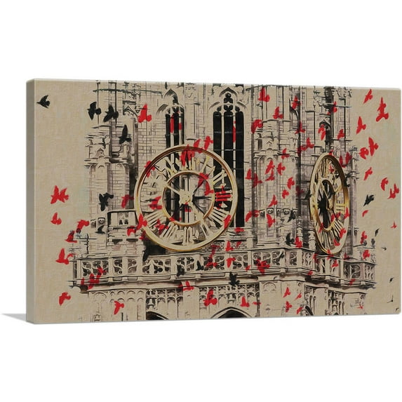 ARTCANVAS Clock Tower With Birds Painting Home decor Canvas Art Print - Size: 40" x 26" (0.75" Deep)