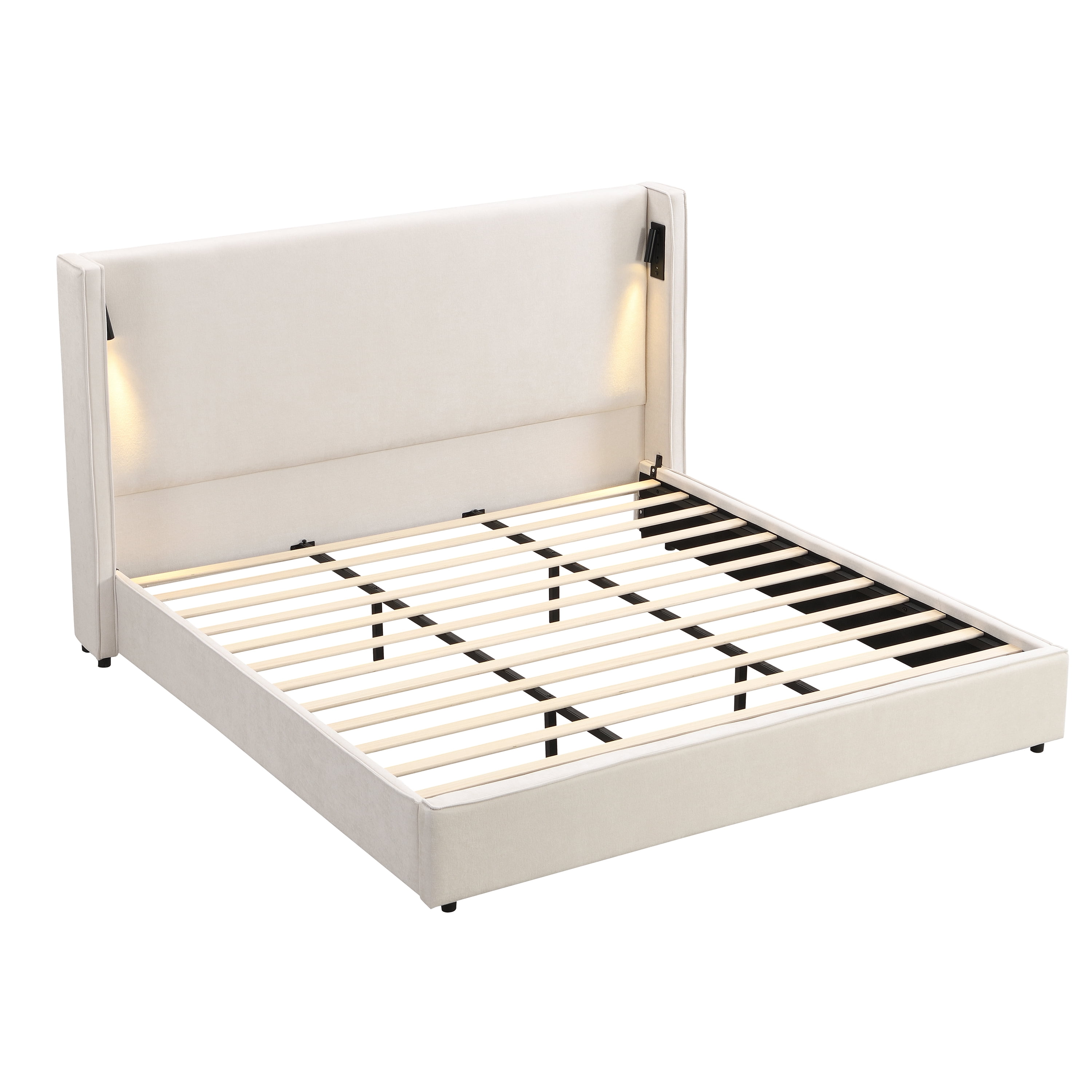 King Size Upholstered Bed Frame with High Wingback Headboard, Adjustable Reading Lamp & USB Port, Platform Bed with Wood Slats, Beige