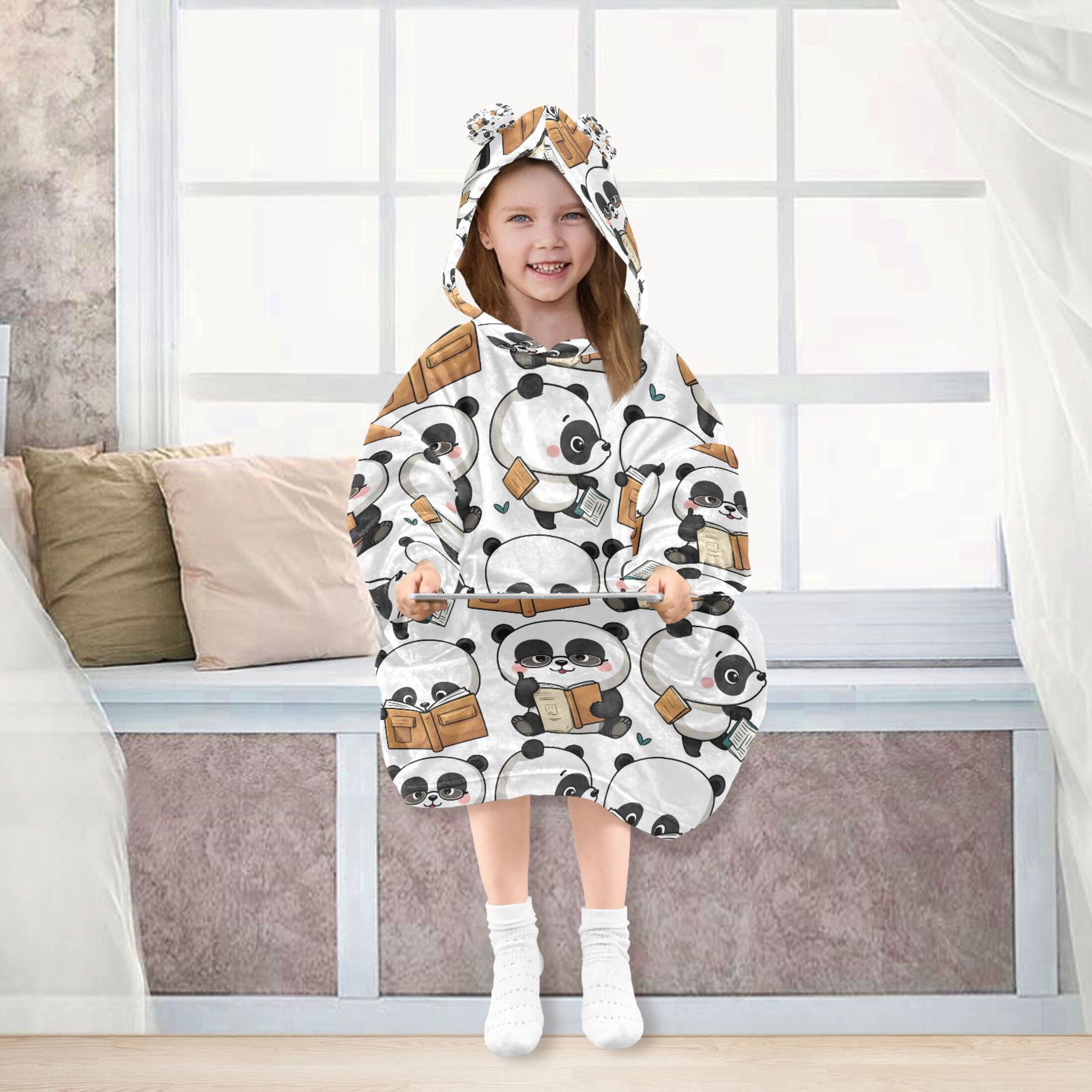 joogoo Blanket Hoodie for Cute Pandas Reading Oversize Sweatshirt 3-14 YR L