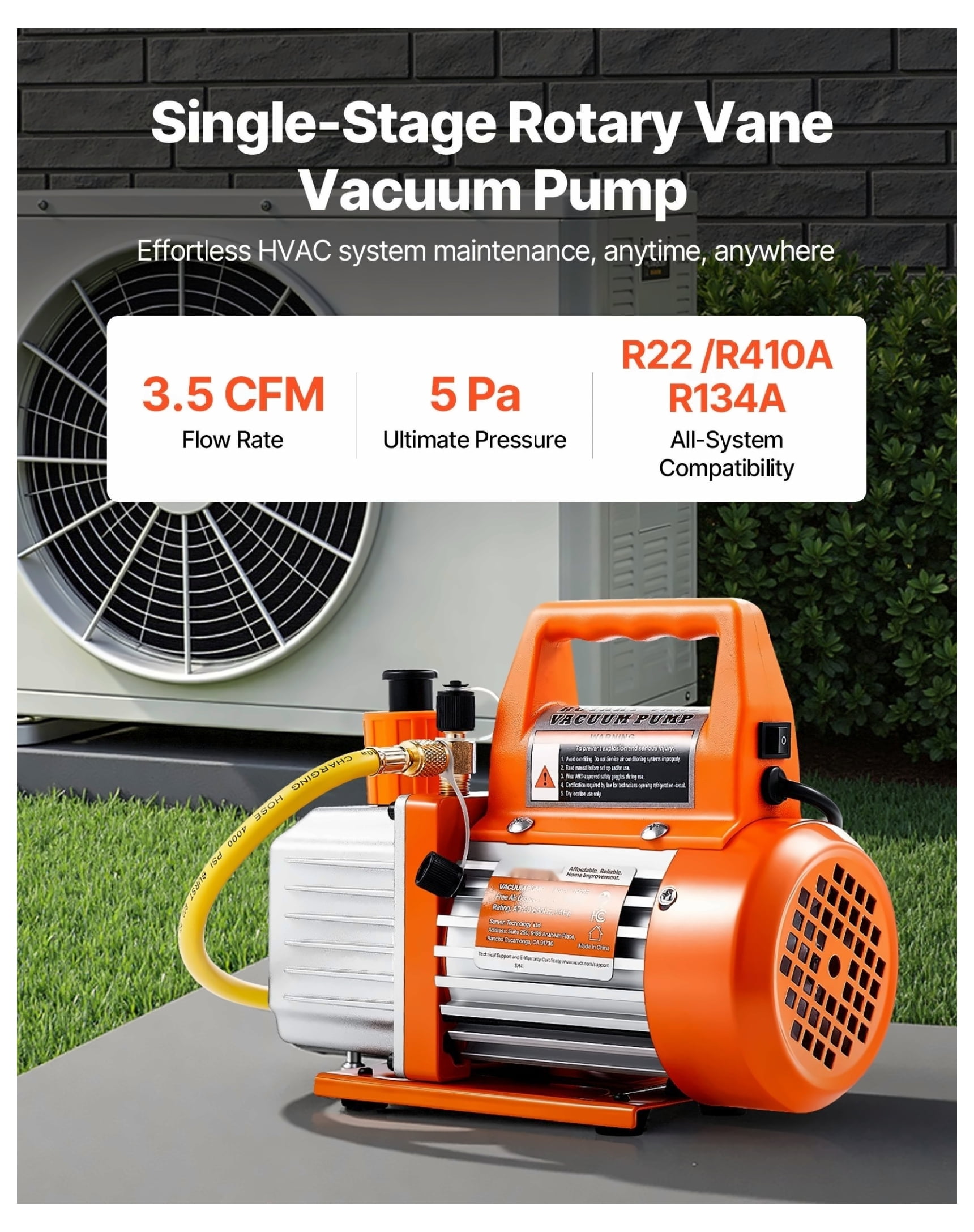 AC Vacuum Pump 3.5 CFM HVAC Single Stage Rotary Vane Pump with Oil