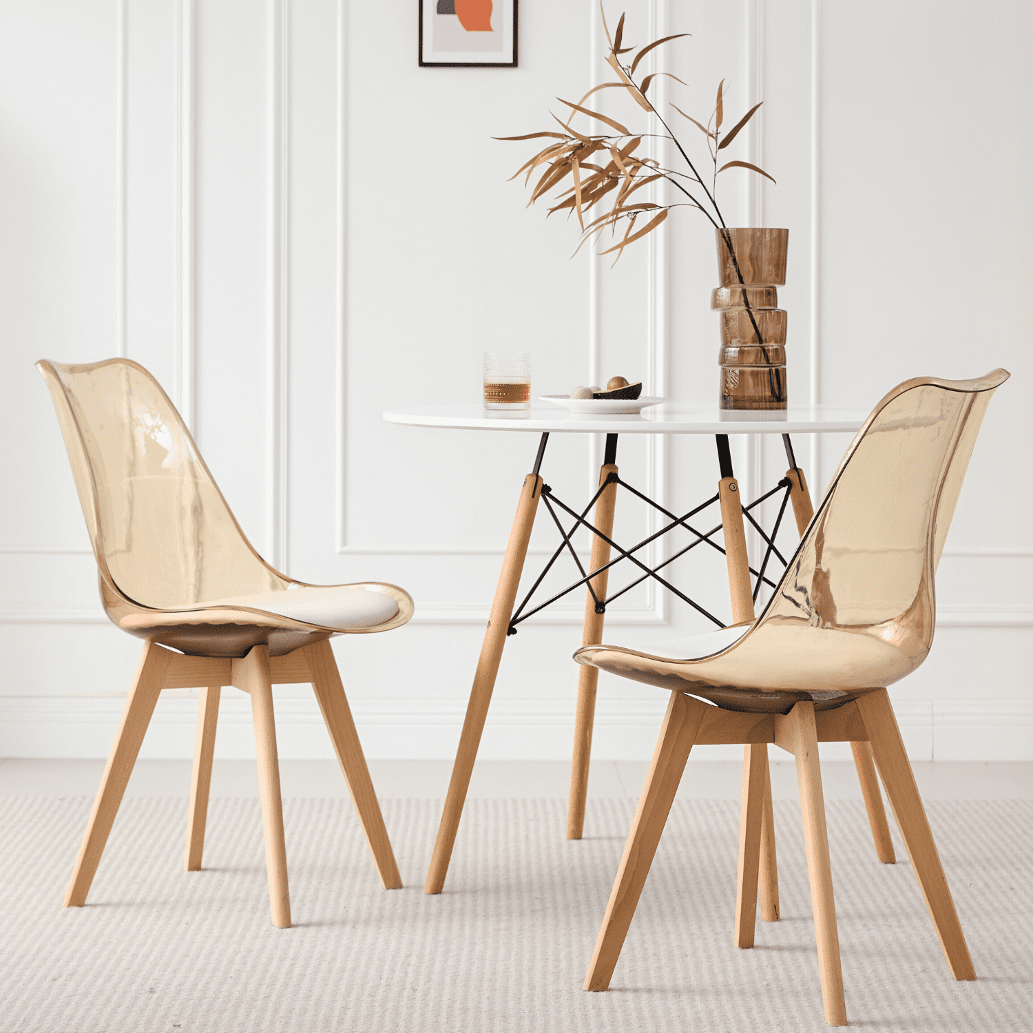 Dining Chairs Set of 4, Clear Acrylic Mid Century Modern Kitchen Chairs with Soft Padded and Wood Legs for Dinner, Living Waiting Room, Bedroom, Apartment, Light Brown