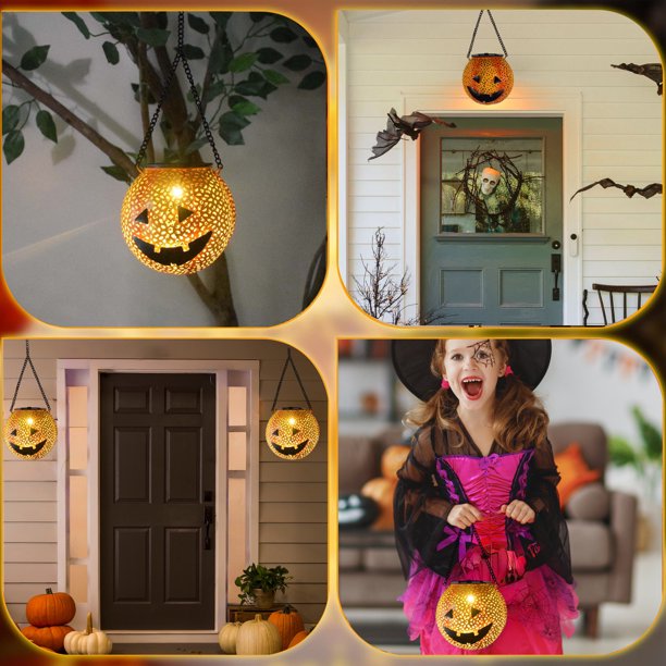 Uuiauoio Metal Halloween Hanging Solar Lantern Outdoor Pumpkin Lanterns Portable Hanging Lights Decoration for LED Waterproof Solar Lantern Pumpkin for Backyard Garden Porch Tree Decor