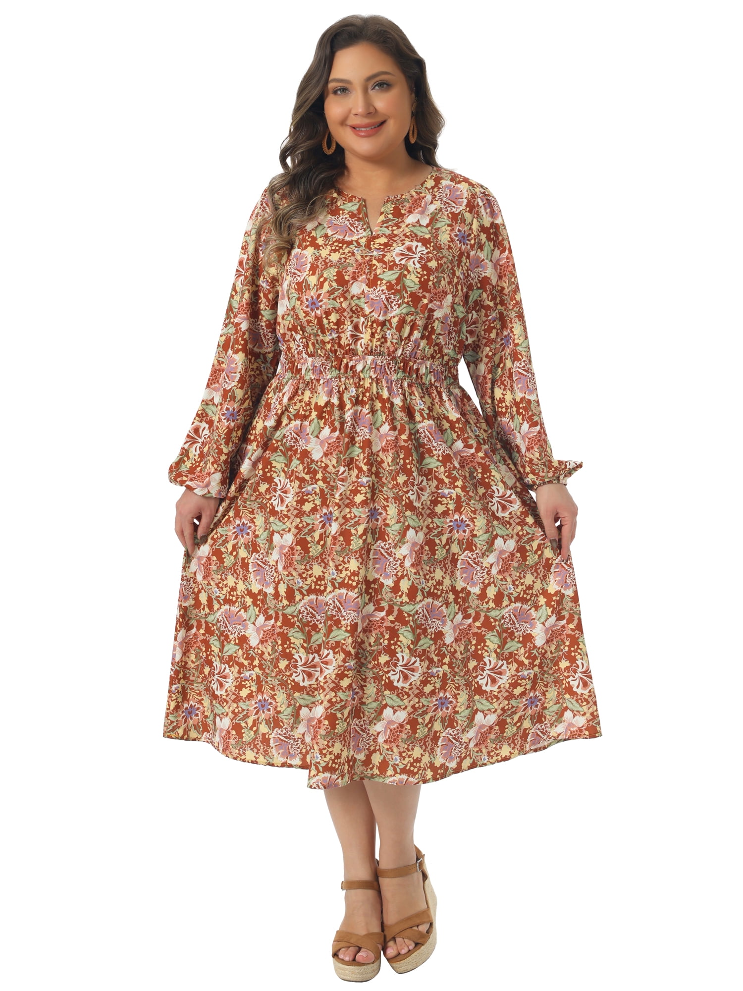DARING DIVA Women's Plus Size Elegant Boho Floral Notch V Neck A Line Dress 2X Rust Red