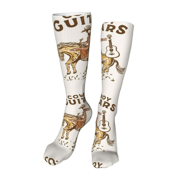 Honeii Cowboy Rodeo Guitar Print Calf Socks Sports Socks Seamless Toe, Trouser Socks,Knee High Long Socks for Women and Men-One Size
