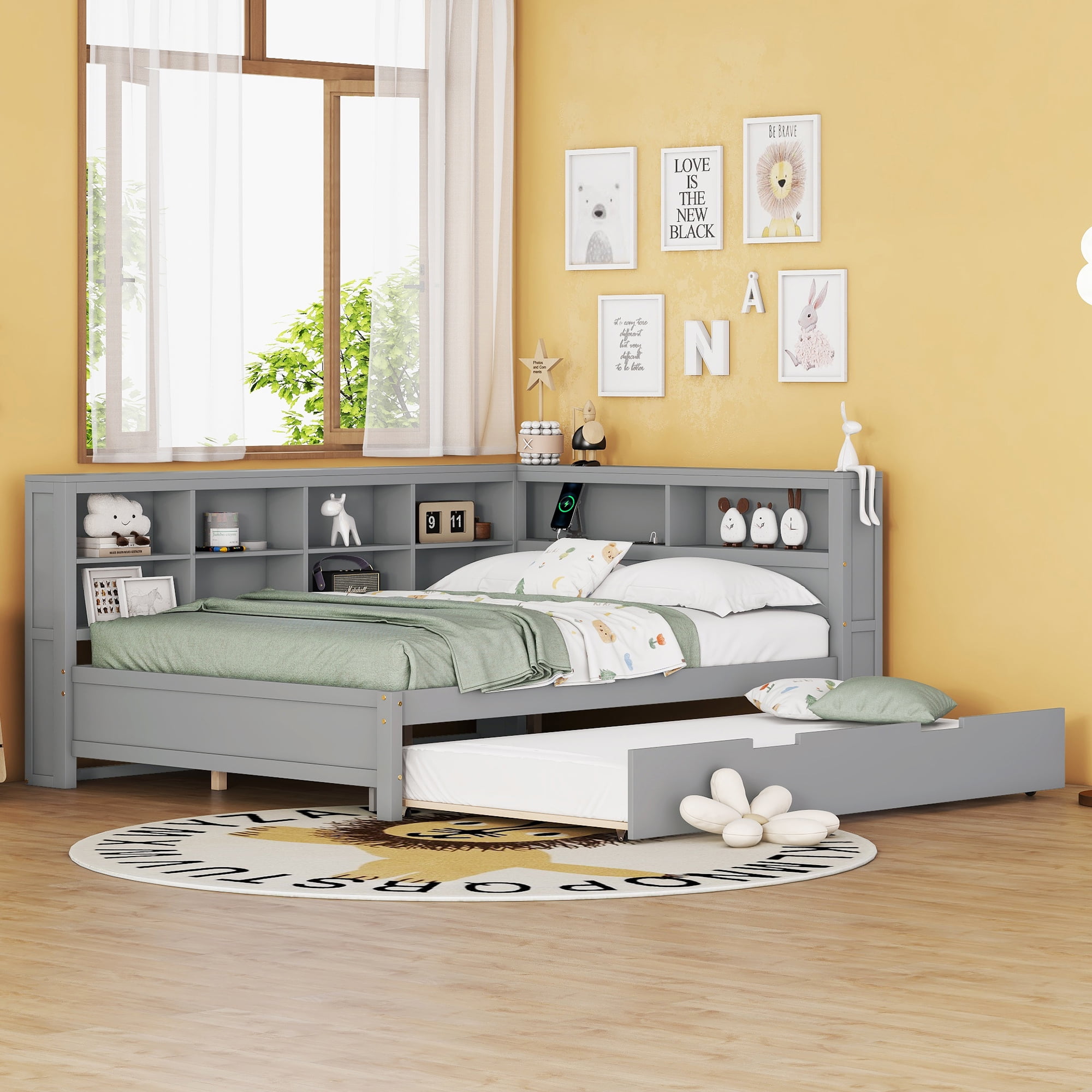 Mintazer Modern Full Daybed Frame with Twin Trundle, Charging Station & Shelves for Bedroom, Grey
