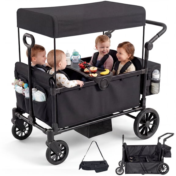 SACVON 4-Seater Stroller Wagon with Side Entry, Canopy & Snack Tray, Includes Detachable Storage Bag That Converts to a Backpack–Black