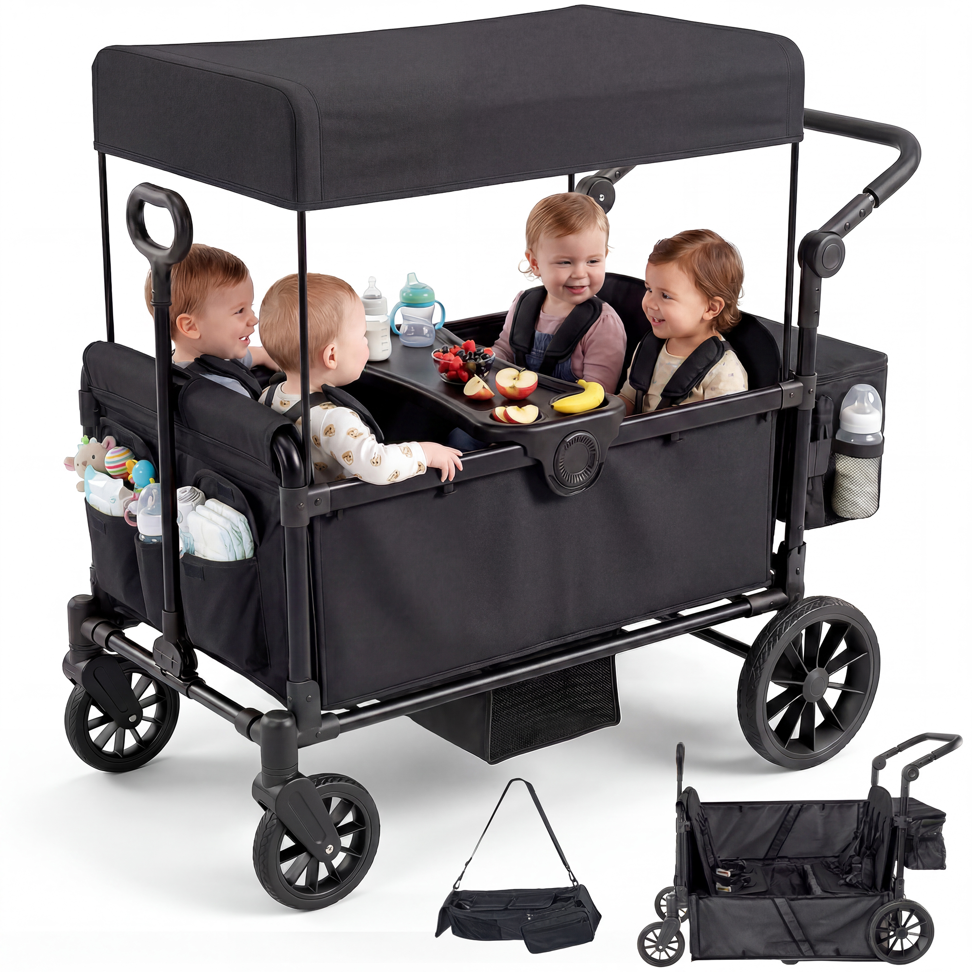 SACVON 4-Seater Stroller Wagon with Side Entry, Canopy & Snack Tray, Includes Detachable Storage Bag That Converts to a Backpack–Black