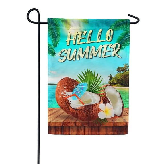 America Forever Hello Summer Drink Garden Flag 12.5 x 18 inches Coconut Palm Tree Tropical Beach White Floral Seaside Double Sided Seasonal Yard Outdoor Decorative Coastal Garden Flag