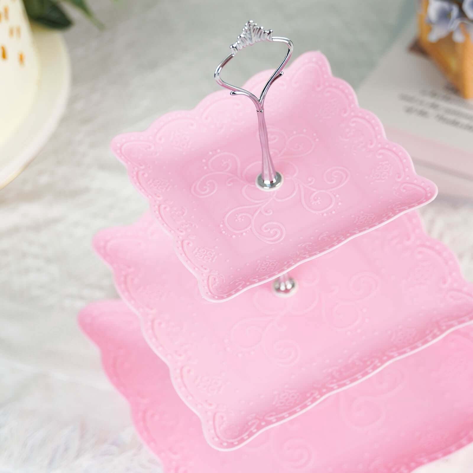 Efavormart 13" | 3 Tier Floral Print Cupcake Stand, Pink Square Dessert Tray Display Holder with Wavy Edges - Plastic