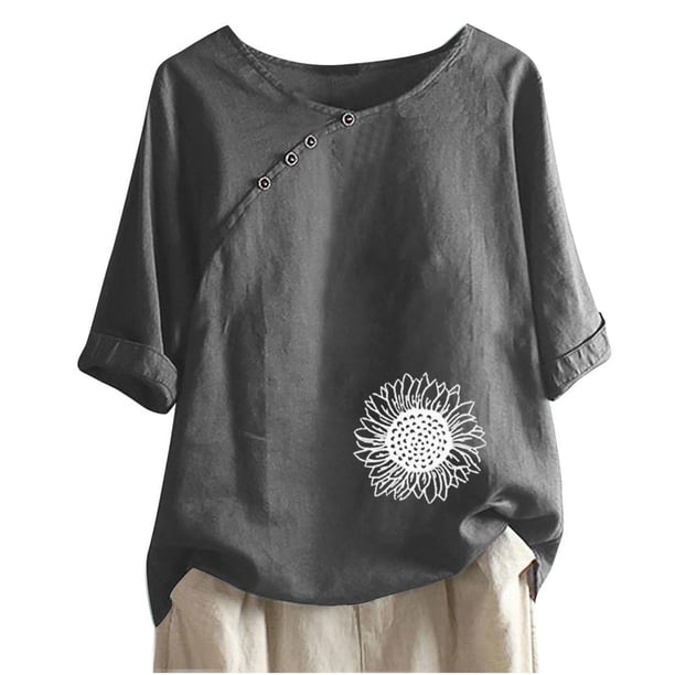 Blusas de Manga Corta para las Mujeres Impresas Cuello Redondo Camiseta Casual, Blusa de Algodón de Imitación para las Mujeres