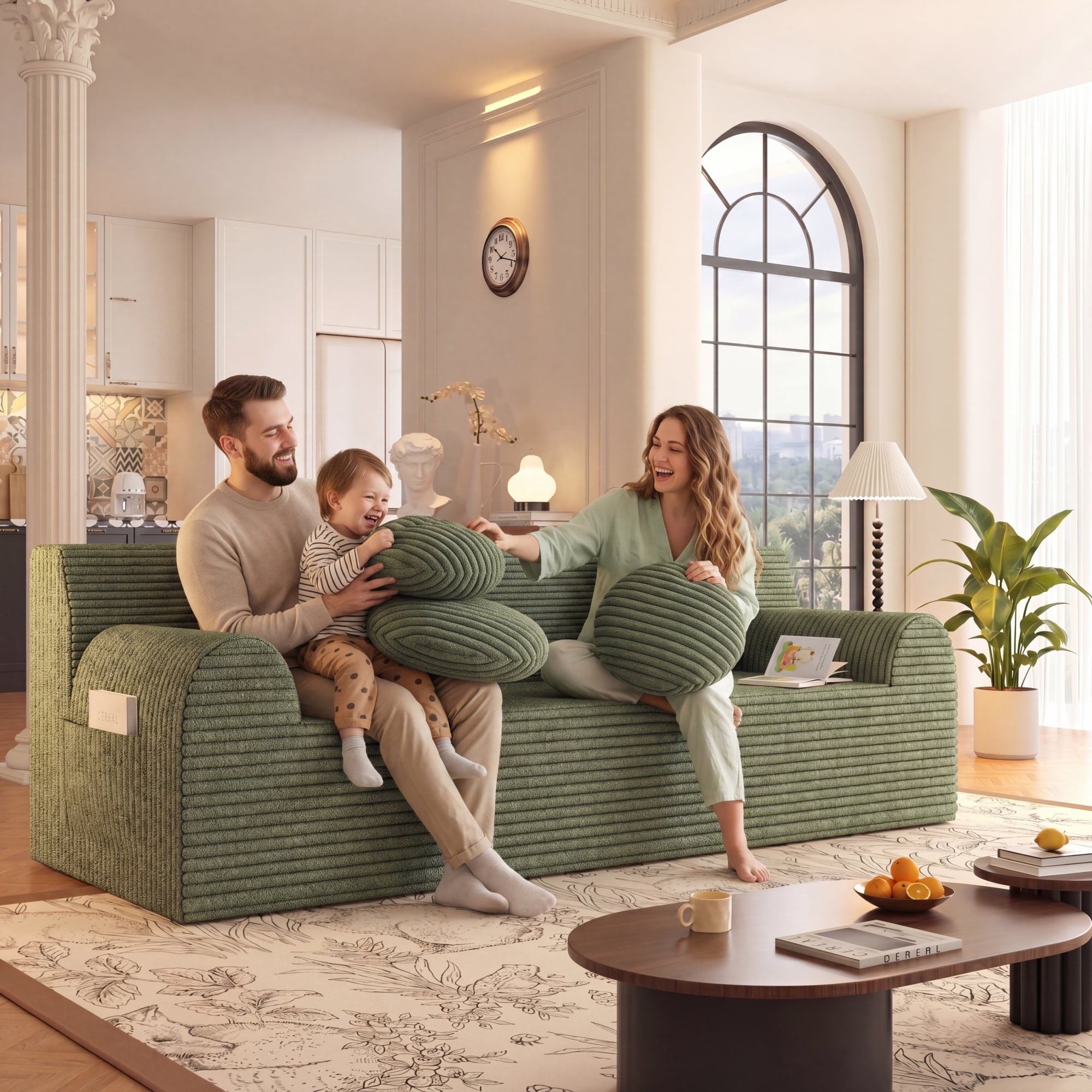 HOQBN Boneless Sofa Couch for Living Room,71" 3 Seater Sofa with Deep Seat Design and 3 Round Pillows,Comfy Corduroy Fabric Loveseat Couch,No Assembly,Antique Green