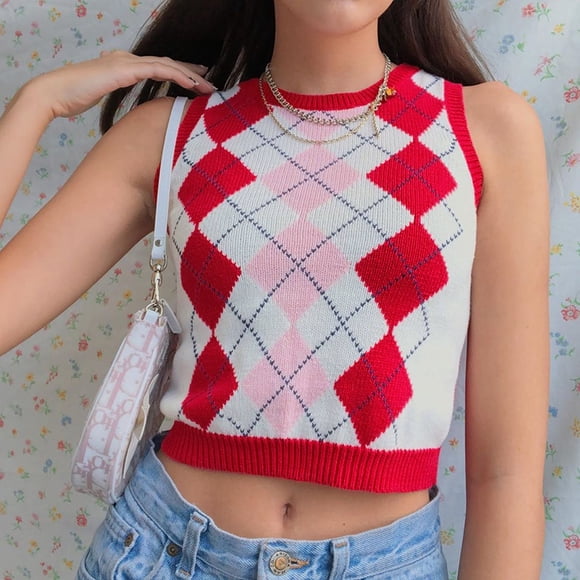 DAMAIE Débardeur en Tricot pour Femmes Style Mode Urbaine Preppy Y2K à Col en V, Chandail Tricoté à Carreaux Losange