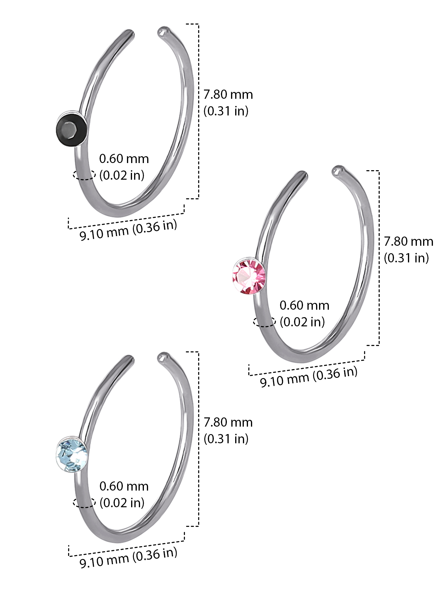 Body Jewelry Women's 16-Gauge Surgical Steel Nose Hoops with Crystal Accents, 3 Pack