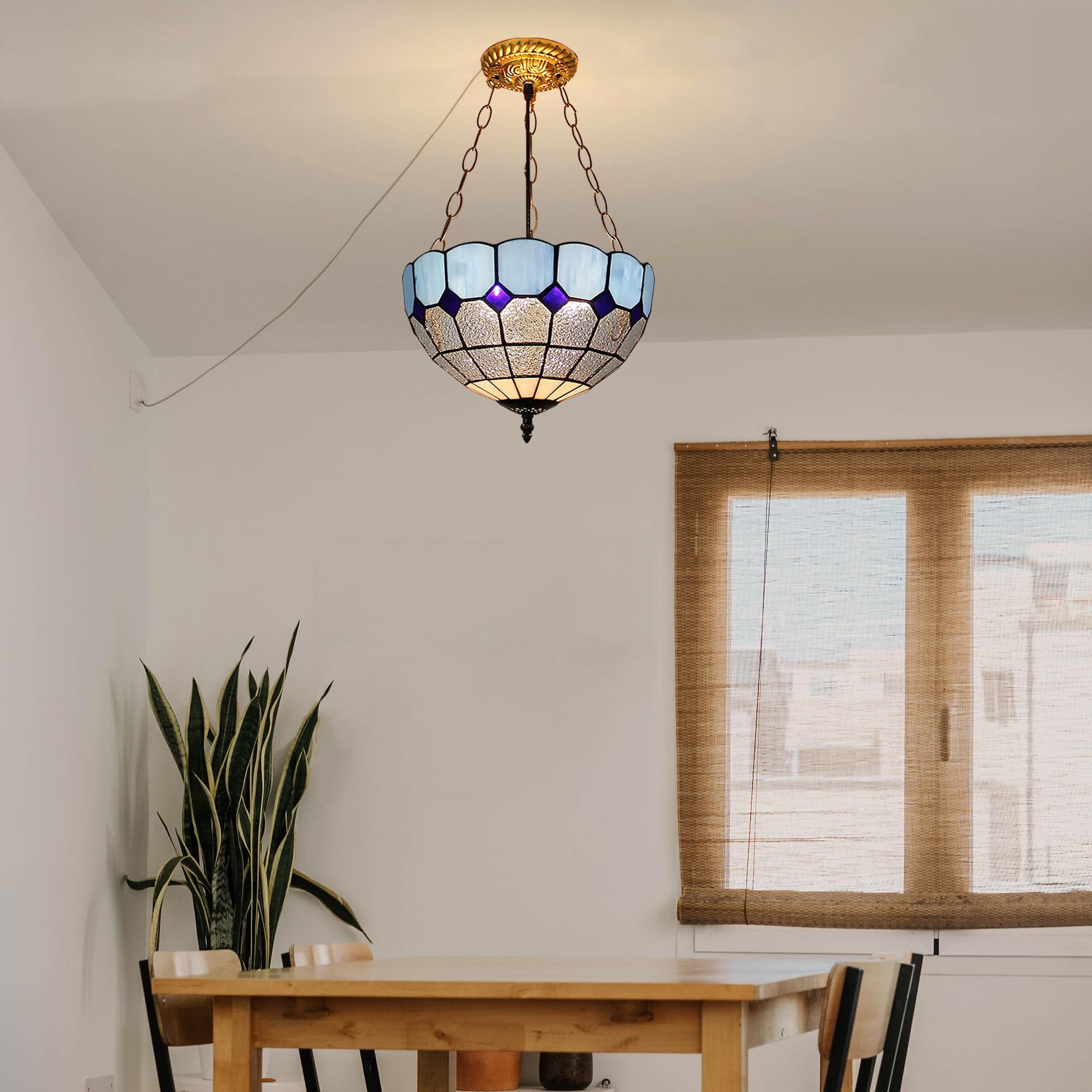 Kiven 11.8in Plug-in Flush Mount Ceiling Light Fixture, 3-Light Anti Glare Close to Ceiling Light with 15FT Cord, Tiffany-Style Glass Chandelier Dimmable for Bedroom Kitchen Hallway(No.3226-DBL)