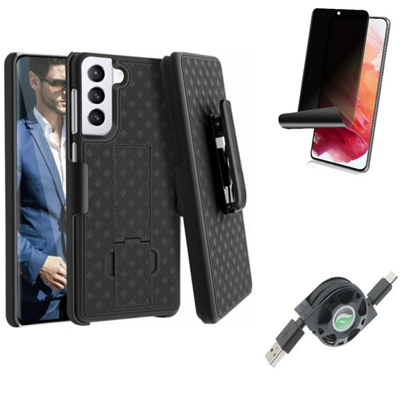 Privacy Screen Protector w USB Cable w Case Belt Clip for Samsung Galaxy S21 Plus - TPU Film Fingerprint Works, Retractable Type-C, Holster Swivel Accessory Bundle