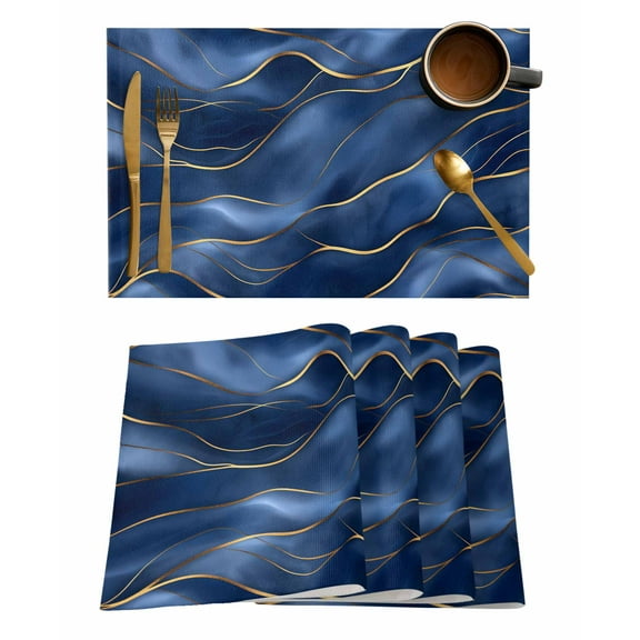Navy Blue Marble Placemats Set of 6, Abstract Modern Golden Geometric Placemats for Dining Table, Place Mats for Kitchen Tabletop, Waterproof Wipeable Dining Table Mats Set