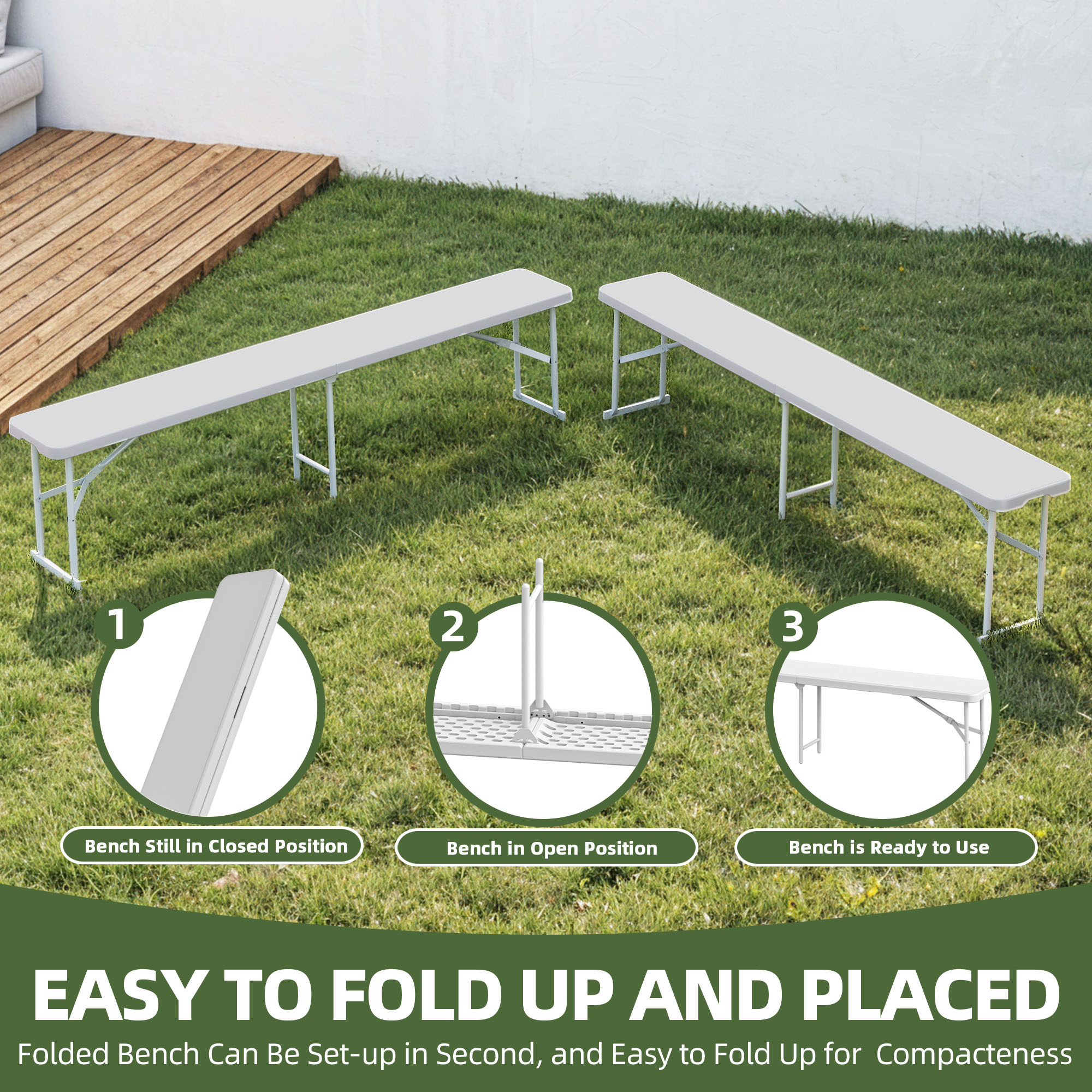 Uforic 2 Pcs 6FT Folding Bench Lightweight Portable Outdoor Bench with Carrying Handle for Dining Camping Picnic BBQ Sports Garden Indoor Outdoor Patio Activities, Whte