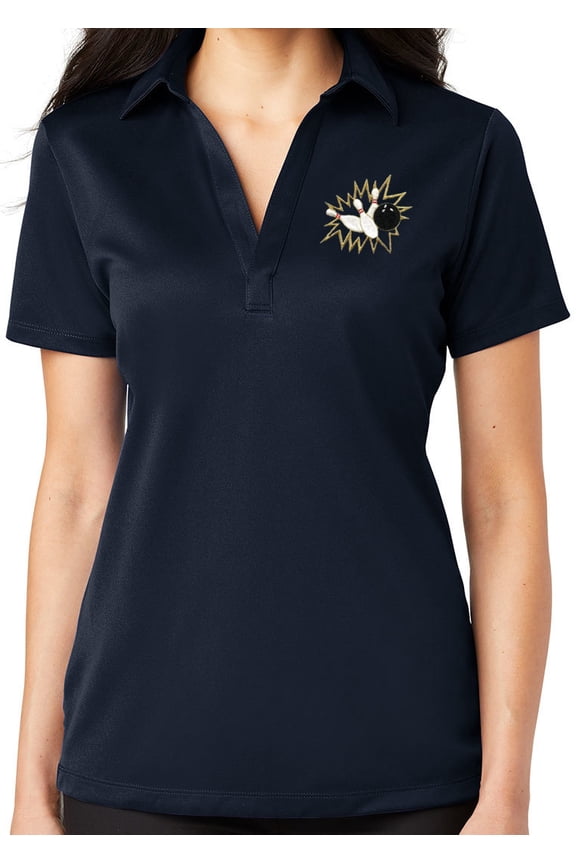 Ladie's Crashing Bowling Pins No Button Polo Shirt, Large Navy Blue