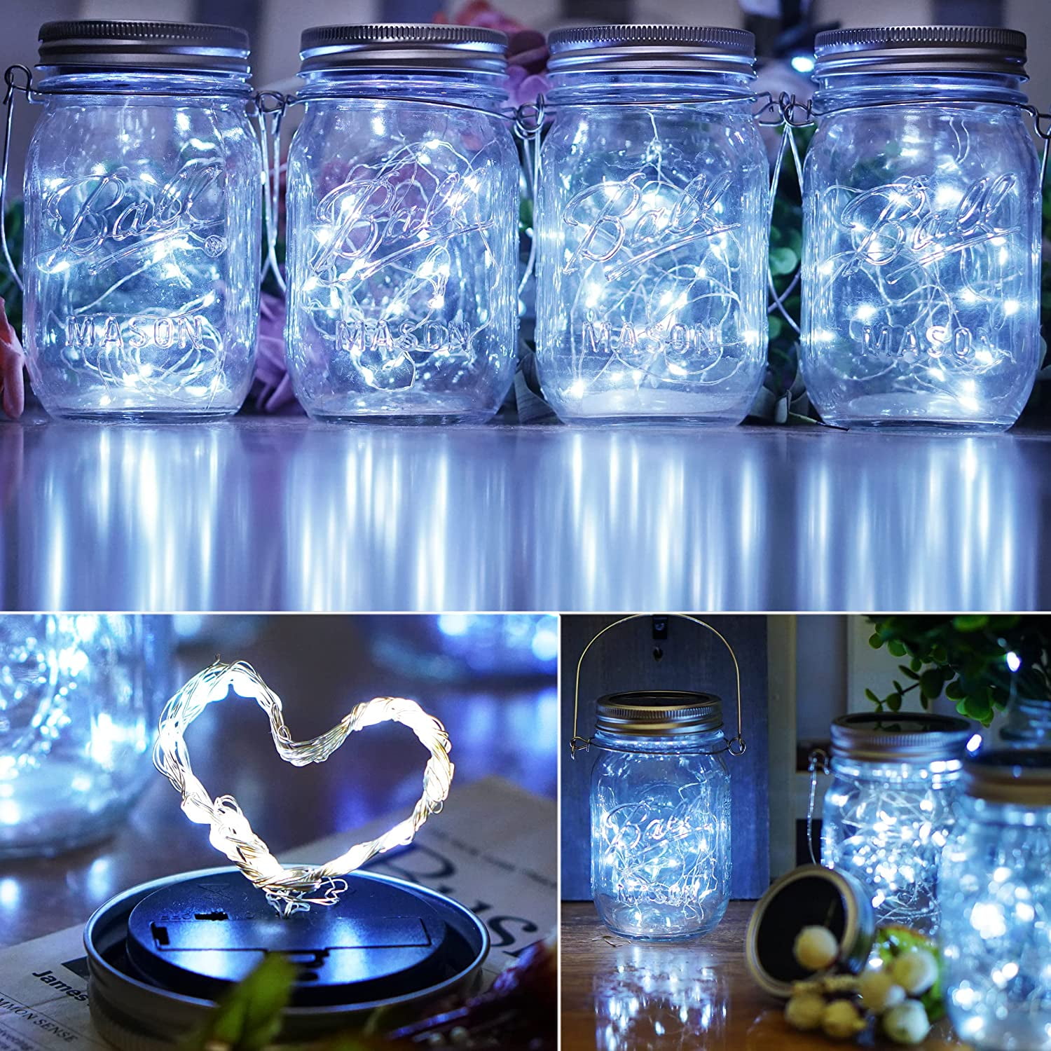 Puseky Mason Jar Solar String Lights Lid, Upgraded Antirust Waterproof 6 Pack 20 LED Jar Lid String Lights Set with 6 Hangers, Perfect for Patio Garden Wedding, Easter Decoration, White