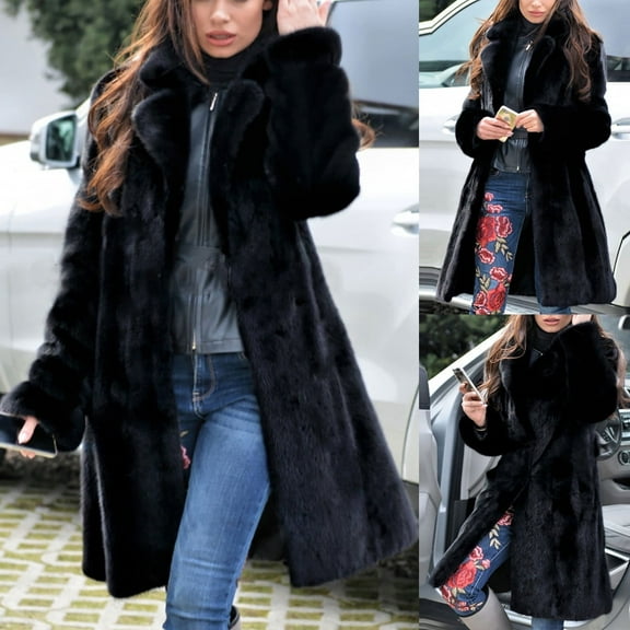Harpily Coats Womens Ladies Warm Faux Fur Coat Jacket Winter V-neck Solid Long Outerwear Black Black XXL