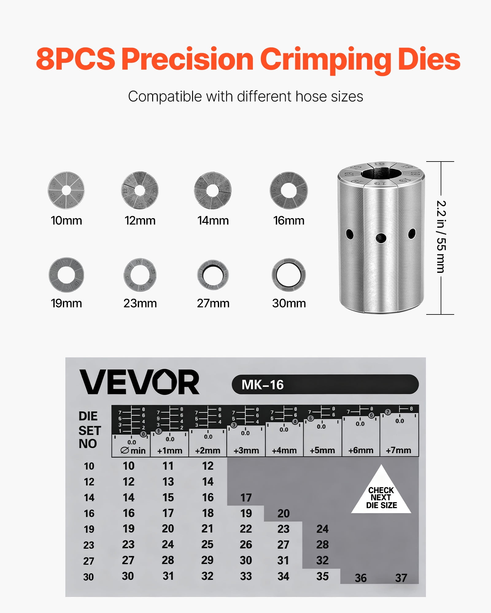 VEVOR High Pressure Hydraulic Hose Crimper, Manual Hose Crimping Tool with 8 Dies & 0.24"-1.1" Crimping Range, Suitable for Low & High-Pressure Oil Pipes, Gas/Water/Auto AC Hoses & Cable Joints