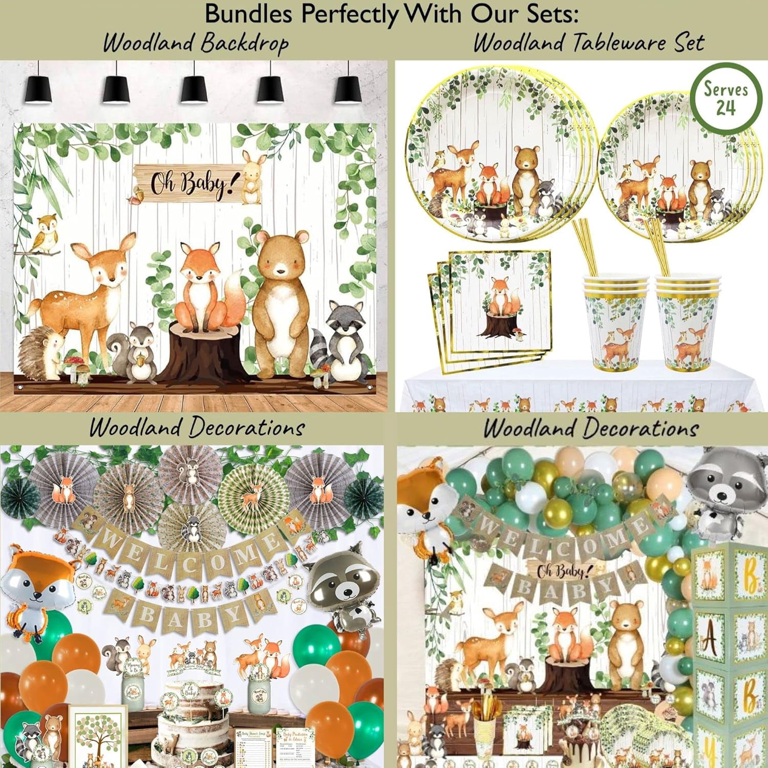 53 Pc Woodland Baby Shower Invitations for Boy or Girl – With Envelopes, Thank You Cards, Book Request, Diaper Raffle Box & Game Cards – Gender Neutral Baby Shower Party Set for 25 Guests