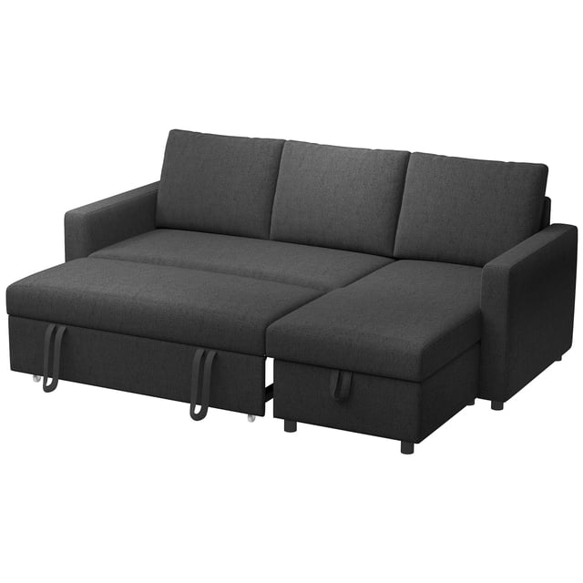 Canapé-lit d'Angle Convertible Noir, Canapé Sectionnel Réversible 3 Places avec Rangement Intégré, Tissu Effet Lin et Pattes en Bois de Caoutchouc pour Salon Ou Chambre d'Amis, 83,3 Po L